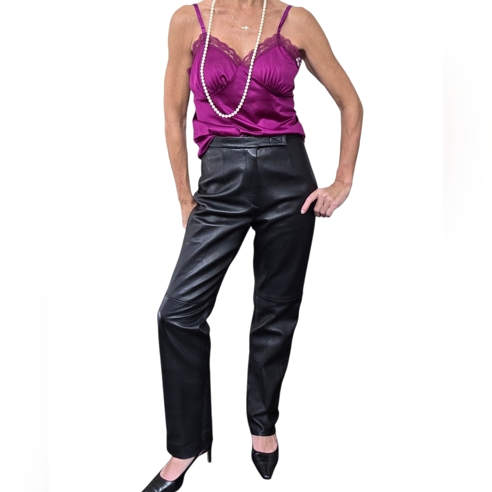 Vintage 90s Anne Klein Black Genuine Leather High Rise Straight Leg Pants 2